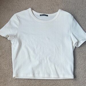 Zara Cream Crewneck Short Sleeve Cropped Tee